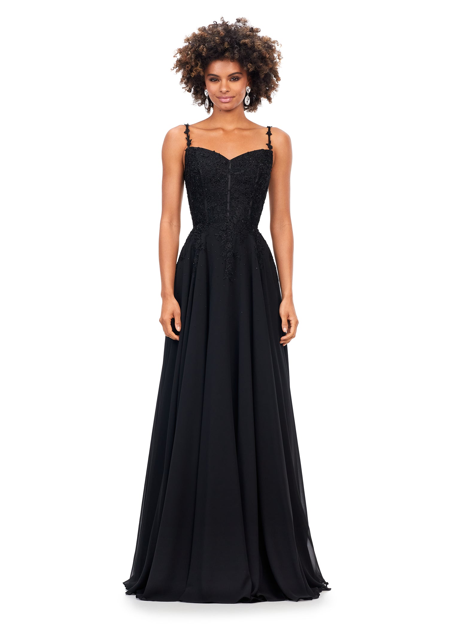 Black V-Neck Satin Lace Long Prom Dress, Black Spaghetti Strap Evening –  Loveydress